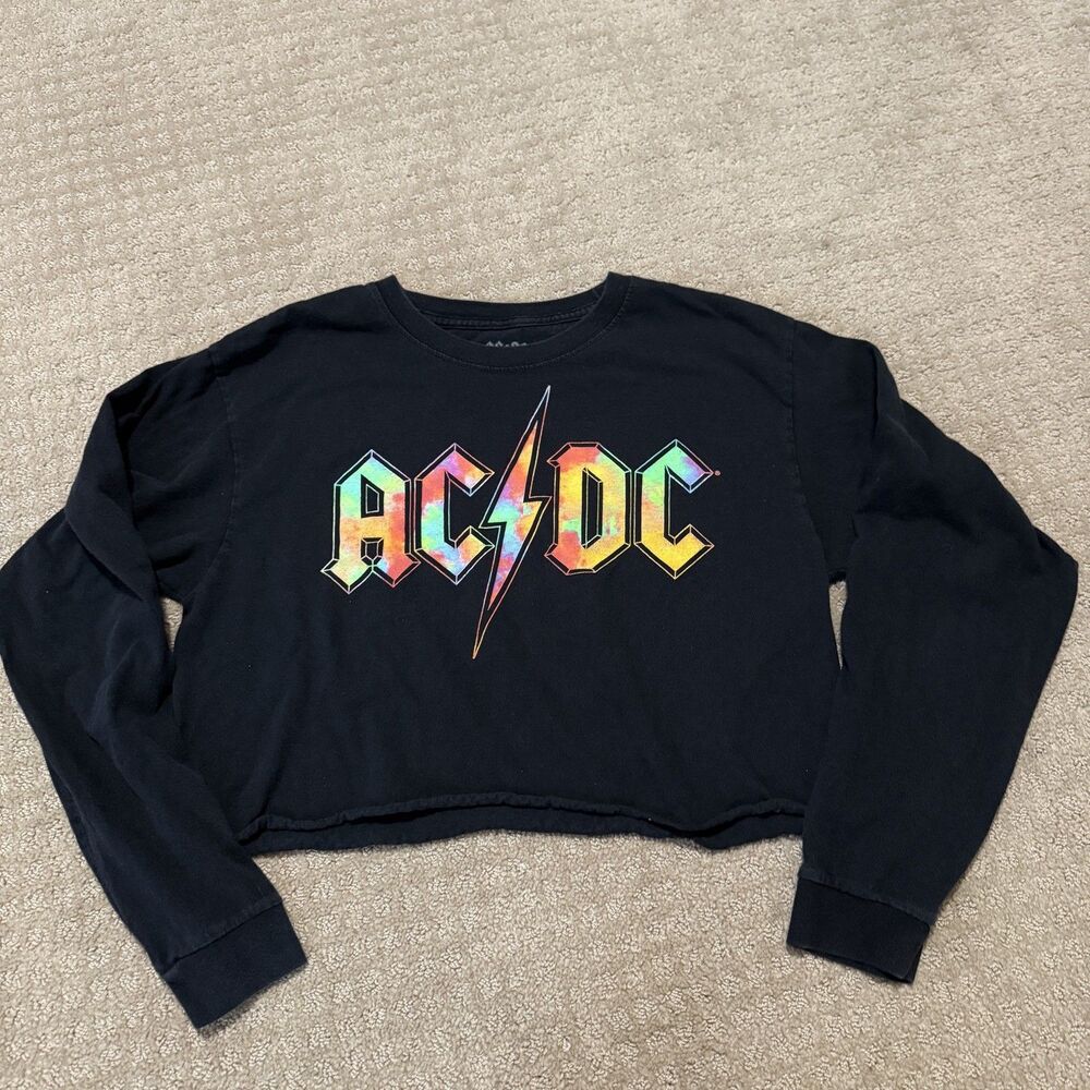 ACDC Band Tee TShirt Shirt Womens Small S Tie dye Black Long Sleeve Crop Top